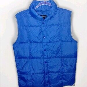 MEN'S LAND'S END Down Puffer Vest Blue Jacket Snaps Preppy SMALL (34-36)